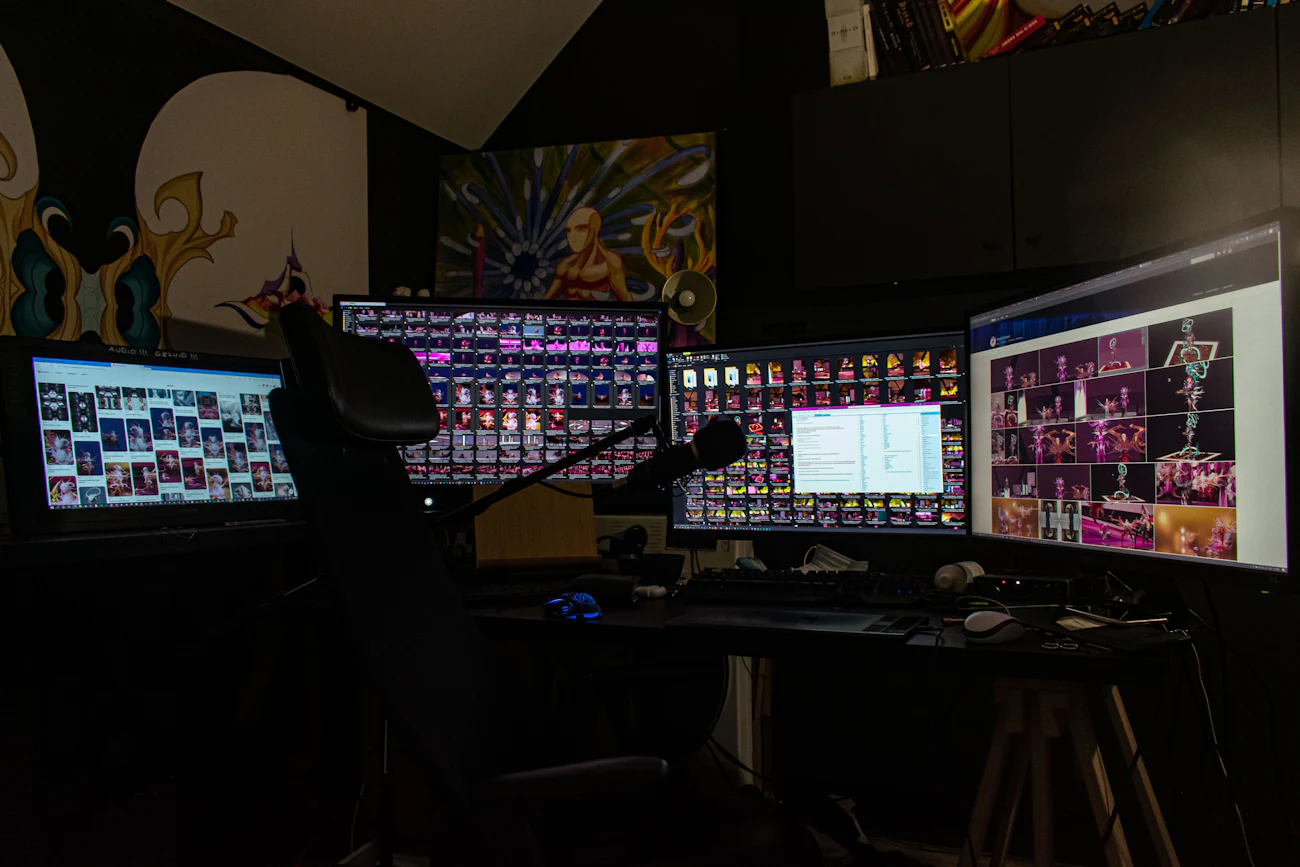 A dark editing studio with screens full of video thumbnails