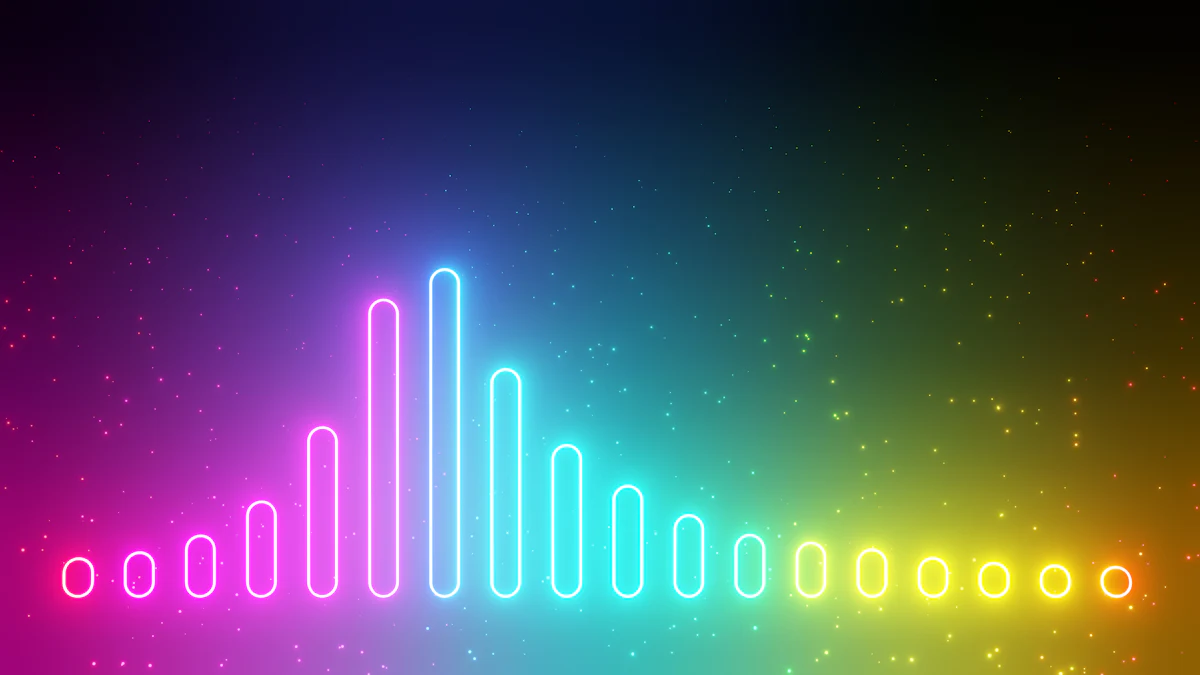 A glowing neon bar chart rising against a dark background