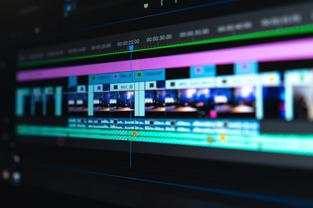 A video editing timeline with colourful clips